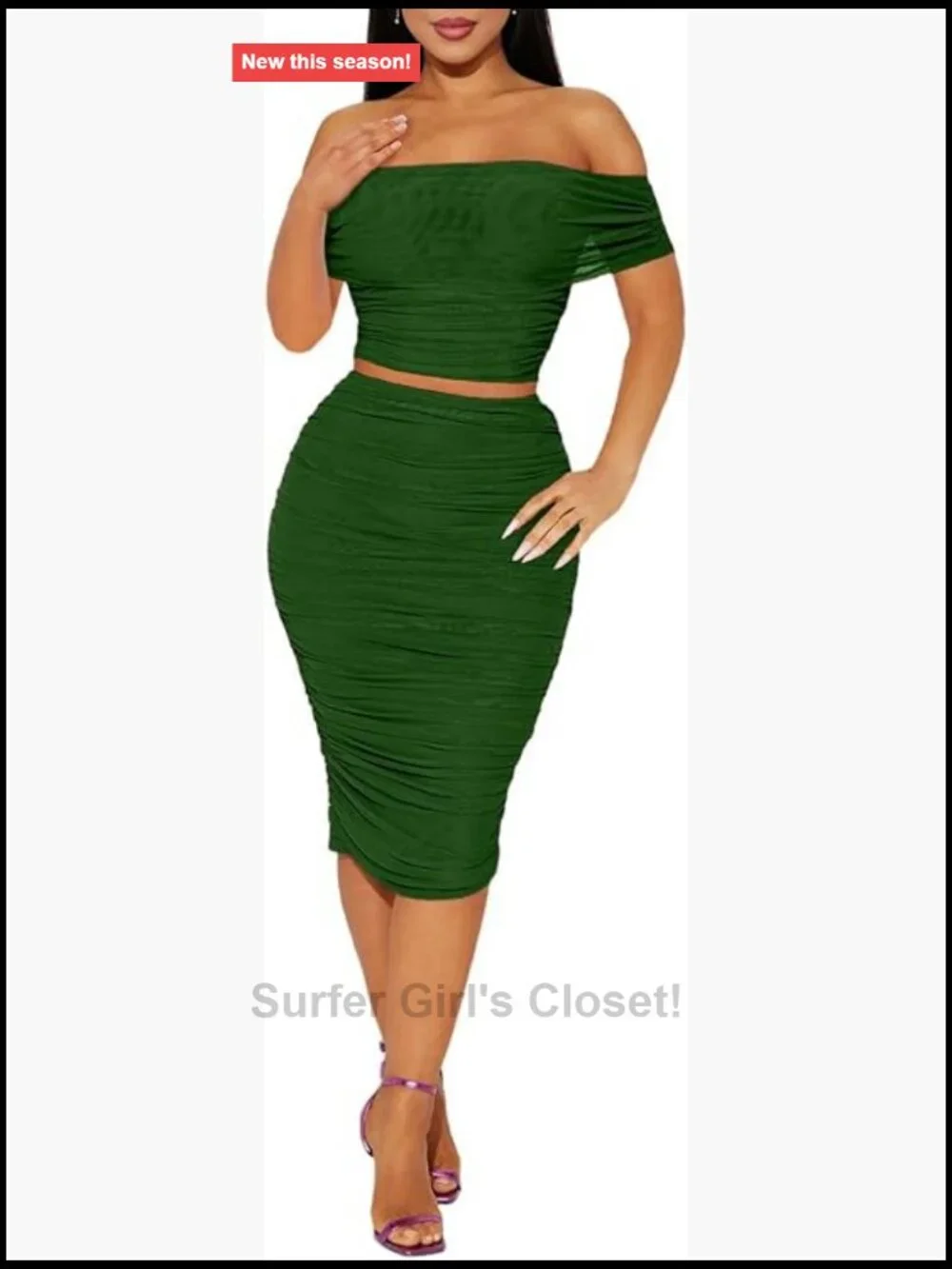 2 Piece Skirt Set Sexy Mesh Ruched Bodycon Tube Top Cocktail Party Midi Dress